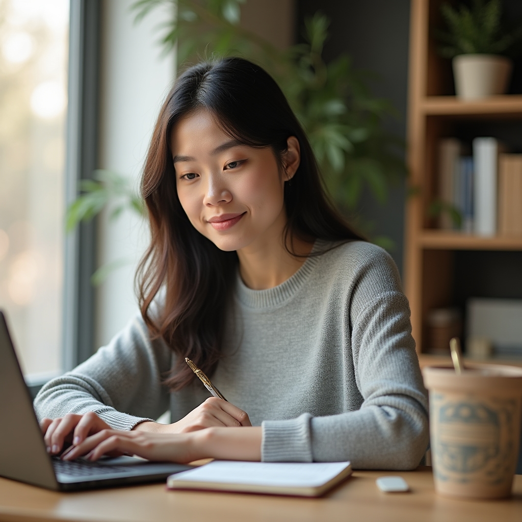 Person nimmt an Online-Kurs teil mit Laptop und Notizbuch